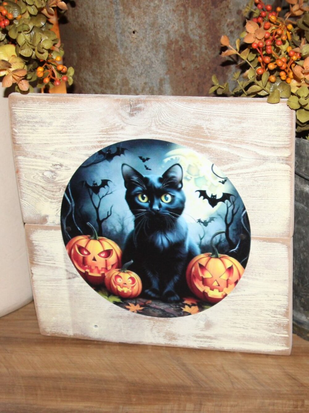 NEW Rustic Moody Black Cat Jack-O-Lantern Pumpkins & Bats Halloween Wall Decor